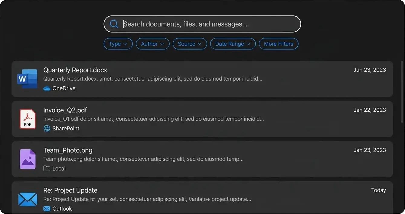 SearchPoint showing unified results across local and Microsoft 365 sources.