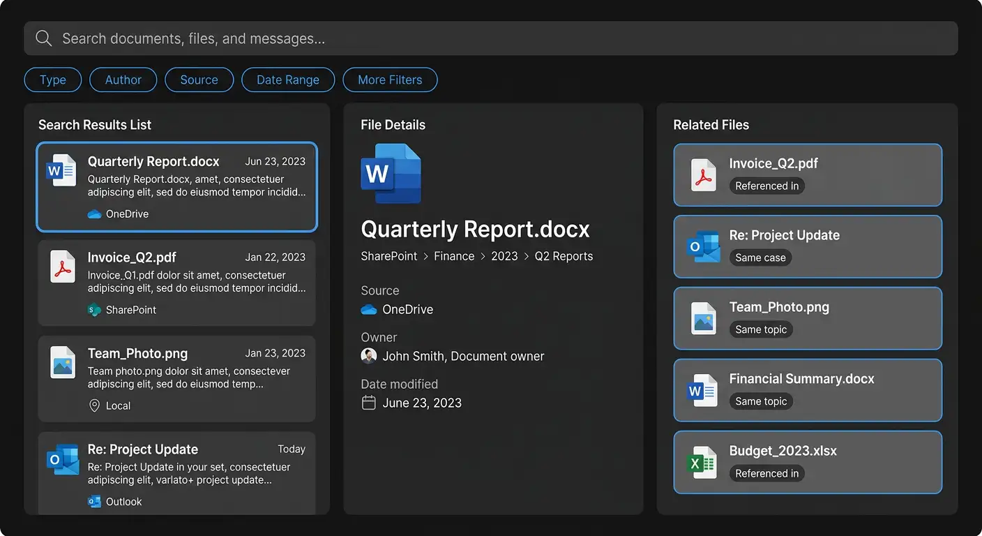 SearchPoint results with file details and a related files column for the selected item.