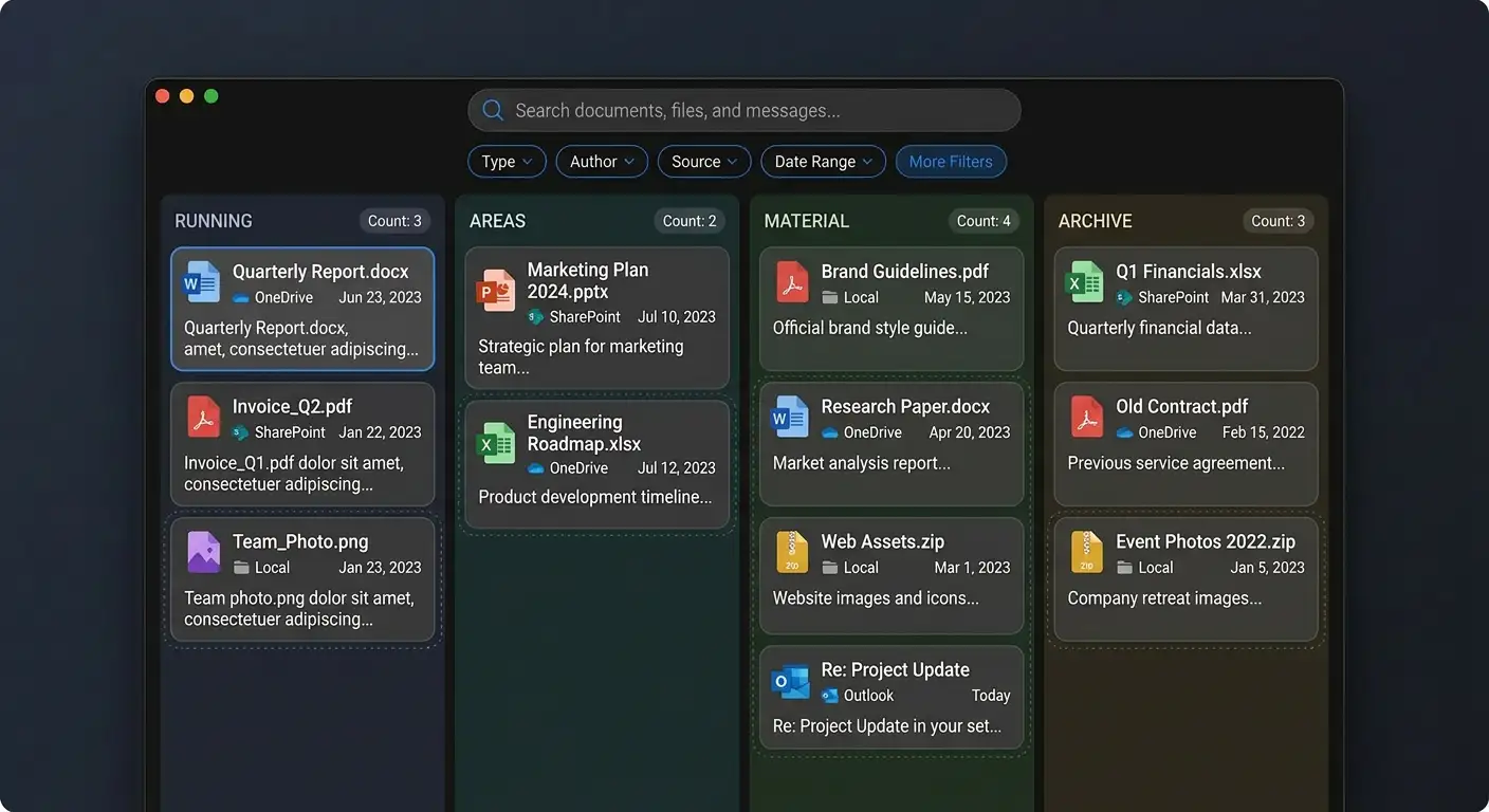 SearchPoint board with Running, Areas, Material, and Archive columns grouping work across sources.