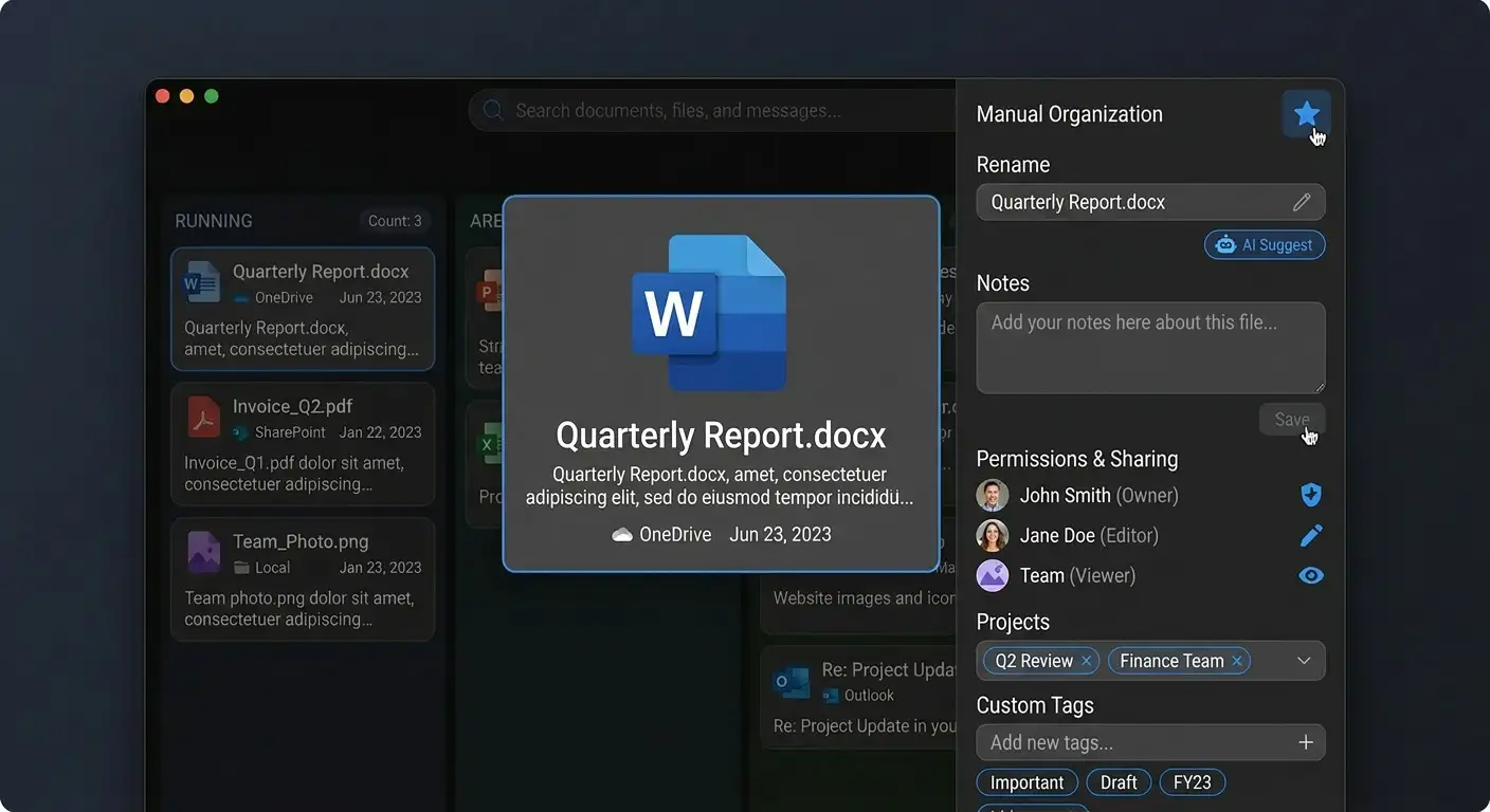 SearchPoint manual organization panel with rename, notes, permissions, projects, and custom tags.